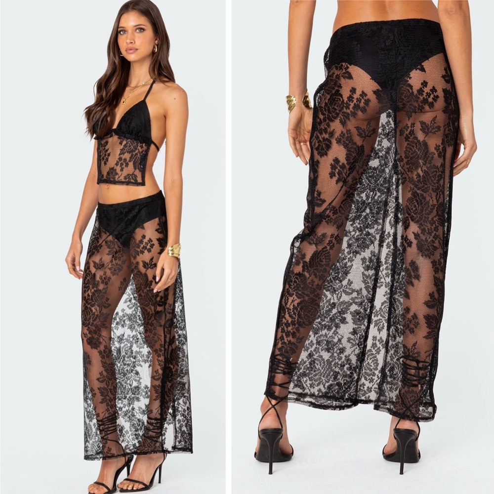NEW Edikted Bess Sheer Lace Floral Maxi Skirt Black size S